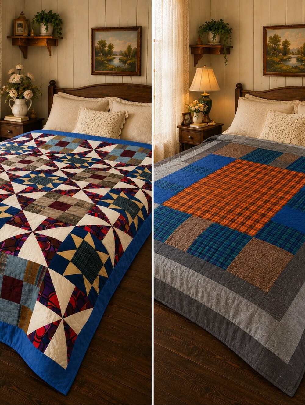 Hand-Tied Reversible Patchwork Quilt Folk Art Oversized Throw 56x75"